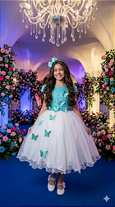 Vestido Infantil Jardim das Borboletas Midi Verde E Off