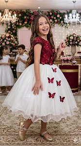 Vestido Infantil Jardim das Borboletas Midi Marsala E Off
