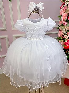 Vestido Branco Batizado Borboletas Tule Borboletas