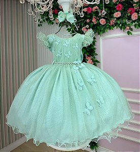 Vestido Infantil Jardim Fada Verde Menta Encantada Borboletas