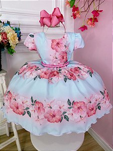 Vestido Infantil Azul Bebê Florido Primavera Cinto Pérolas