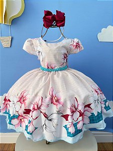 Vestido Infantil Marfim Flores Primavera Cinto de Pérolas