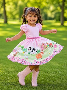 Vestido Infantil Fazendinha Rosa Pérolas Festas Luxo