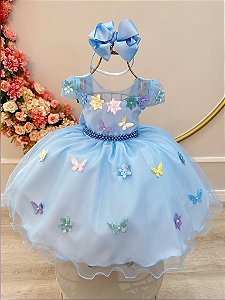 Vestido Infantil Jardim das Borboletas Azul Festas Luxo