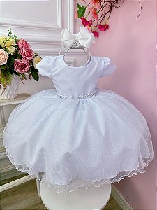 Vestido Infantil Branco Busto Strass e Saia com Glitter