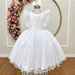 Vestido Infantil Branco Batizado Bordado Jardim das Borboletas