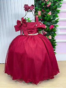 Vestido Infantil Longo Marsala Formatura Tule Glitter Festa