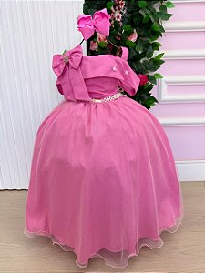 Vestido Infantil Longo Rosa Chiclete Formatura Tule Glitter Festa