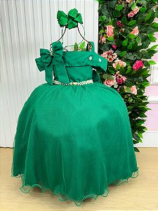 Vestido Infantil Longo Verde Bandeira Formatura Tule Glitter Festa