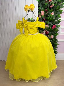 Vestido Infantil Longo Amarelo Formatura Tule Glitter Festa