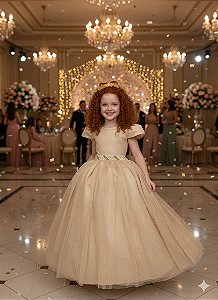 Vestido Infantil Formatura Dourado Longo Tule com Glitter 1 ao 18