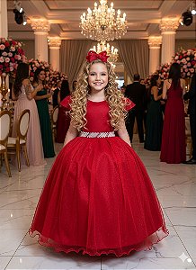 Vestido Infantil Formatura Vermelho Longo Glitter Dama