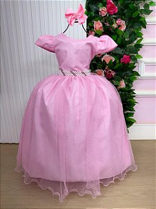 Vestido Infantil Formatura Rosa Bebê Longo Glitter Dama