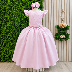 Vestido Infantil Rosa Busto Nervura Daminhas Luxo