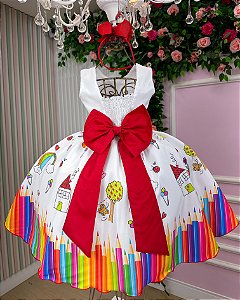 Vestido Infantil Lapis Aquarela ABC Branco e Vermelho