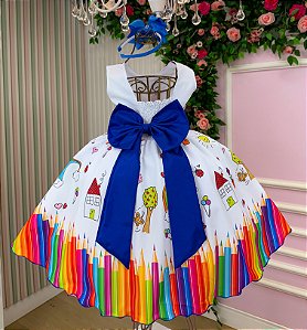 Vestido Infantil Lapis Aquarela Formatura ABC Branco e Azul Royal