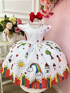 Vestido Infantil Branco Aquarela Cinto de Pérolas Festas