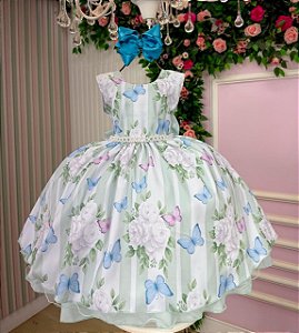 Vestido Infantil Verde Claro Jardim das Borboletas Festa Luxo Aniversário, Igreja, Casamento