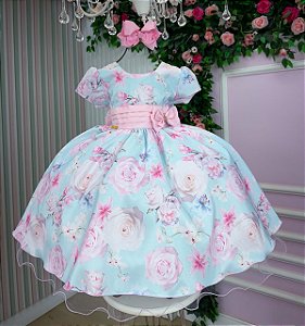 Vestido Infantil Azul Bebe Jardim das Borboletas Festa Luxo Aniversário, Igreja, Casamento