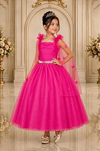 Vestido Infantil Longo Pink Aplique Borboletas Festas Luxo