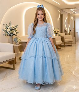 Vestido Infantil Azul Claro Busto Renda Daminhas Festas Luxo