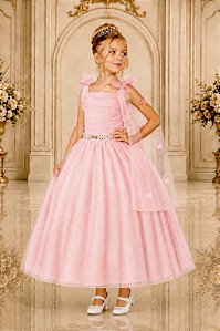 Vestido Infantil Longo Rosa Aplique Borboletas Festas Luxo
