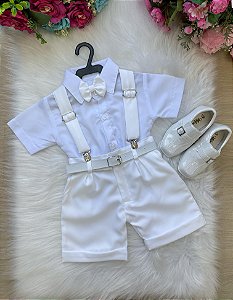 Conjunto Infantil Social Elegante Meninos Shorts Suspensório Branco