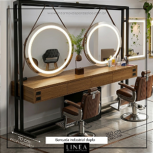 Bancada Estilo Industrial para Salão de Beleza - Com 2 Espelhos redondos 250cm