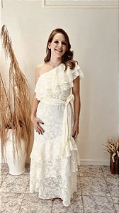 Vestido Bege com Babados Cora Canela