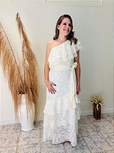 Vestido Bege com Babados Cora Canela