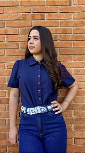 Blusa Manga Curta com Botões Azul