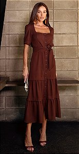 Vestido Midi com Prega Franzida