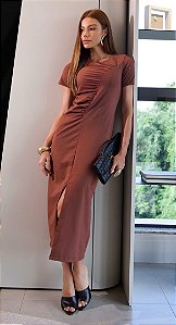 Vestido Midi com Recorte franzido