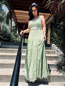 Vestido longo alça com barrado bordado