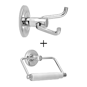 Kit Gancho Cabideiro Duplo + Porta Papel Rolete