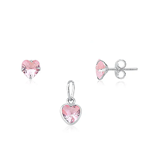 Conjunto zircônia coração rosa claro Prata 925