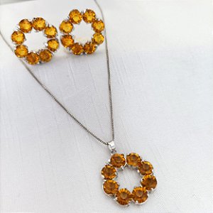 Conjunto Banho Ródio Branco Mandala Cristais Zircônia Topázio