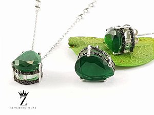 Conjunto Prata Cravejado Microzircônias negras e Gota Verde Esmeralda