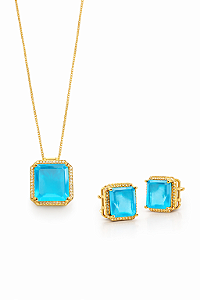 Colar Cristal Azul Essência Dourado