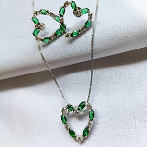 Conjunto Banho Ródio Branco Coração Vazado