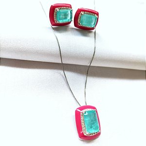 Conjunto Banho Ródio Branco Retângulo Fusion e Resina Rosa