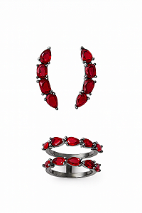 Conjunto Anel e Brinco Rubi em Ródio Negro
