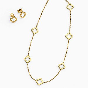 Conjunto Colar e Brincos Trevo Vazado Ouro