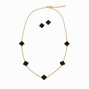 Conjunto Trevo Ônix Borda Lisa Ouro