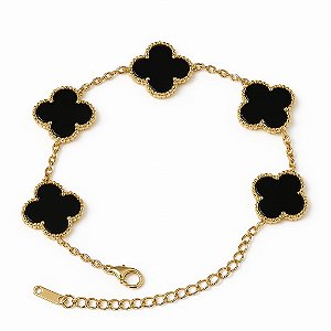 Pulseira elo Trevo Cravejado Preto Dourado