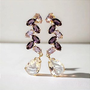 Brincos  folhas longo Quartzo lilás e roxa
