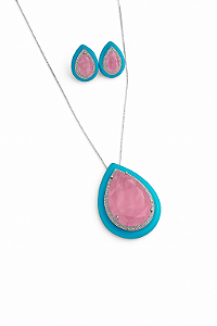 Conjunto Banho Ródio Branco Gota Fusion e Resina Verde Aqua