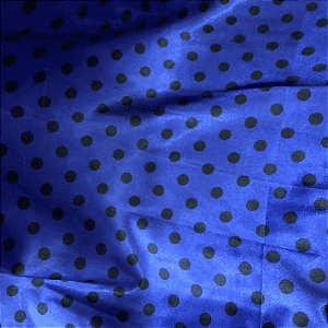 Cetim Estampado - Poá Médio Bolinha Preta Fundo Azul Royal