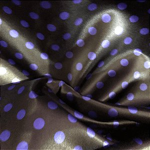 Cetim Estampado - Poá Médio Bolinha Azul Royal Fundo Preto