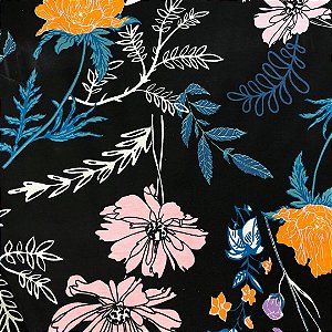 Viscolycra Estampada - Floral Rosa Fundo Preto